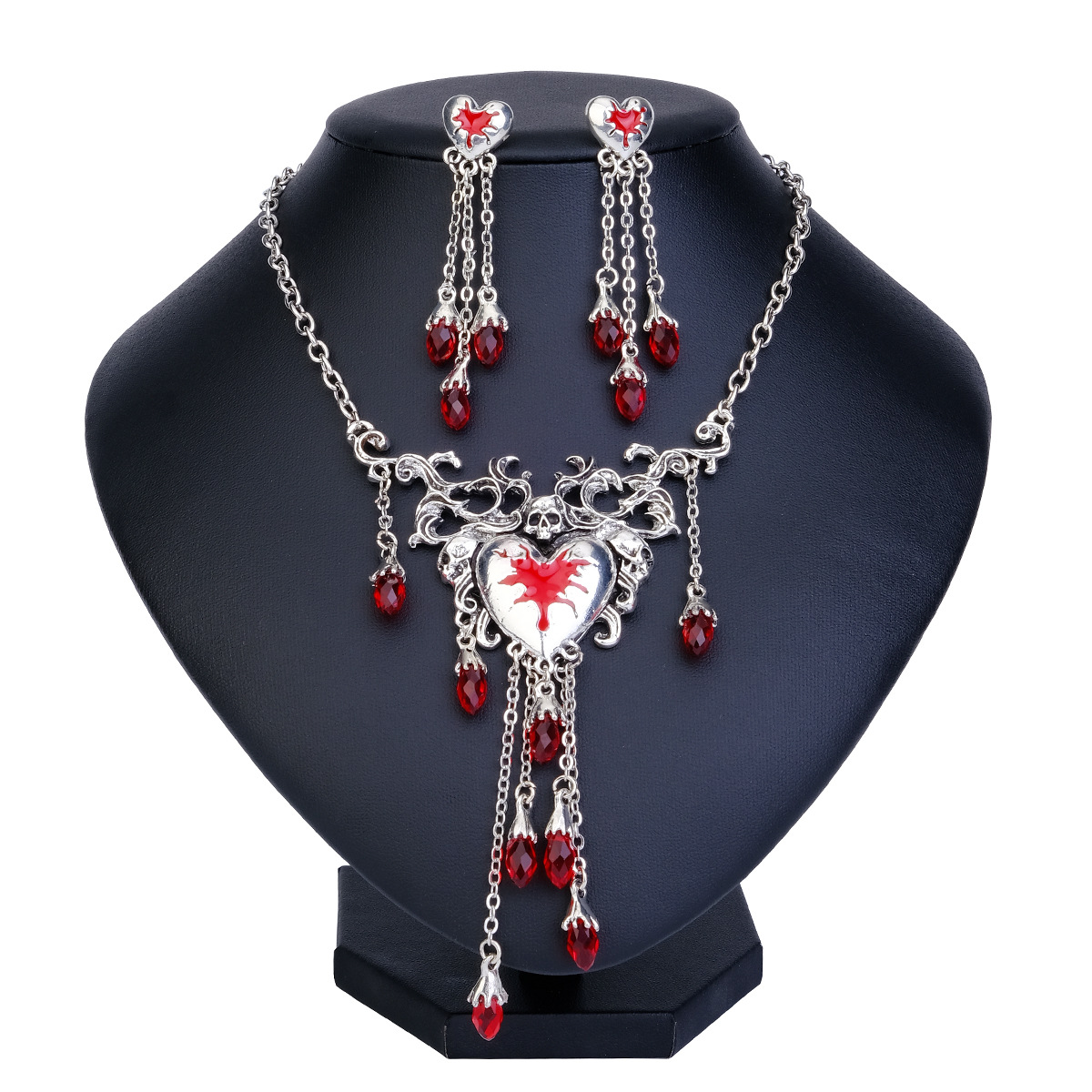 Hot Sale Halloween Jewelry Necklace Set Exaggerated PROM Party Dress Up Red Heart Skull Earrings Necklace 2-piece Set_voghion.com