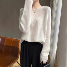 春秋季新款桑蚕丝圆领羊绒衫长袖女轻薄宽松慵懒风气质针织打底衫