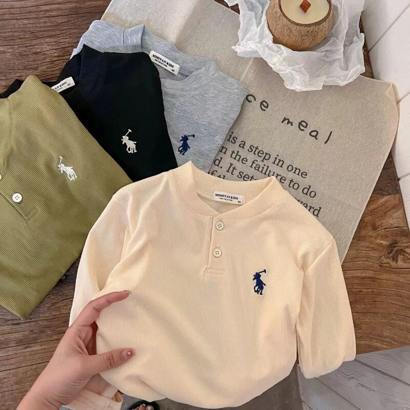 Little Bear Boys' Spring and Autumn Long Sleeve Polo Collar T-Shirt 26 New Product Baby Autumn Korean Style Solid Color Leaf Pattern Base Shirt