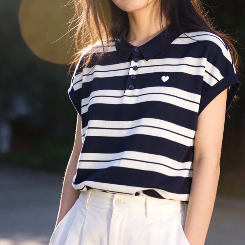 High-End 2026 New Striped Polo Collar Knit Shirt with Embroidery, Short-Sleeve, Loose Fit, Versatile Navy Style Top in Lyocell