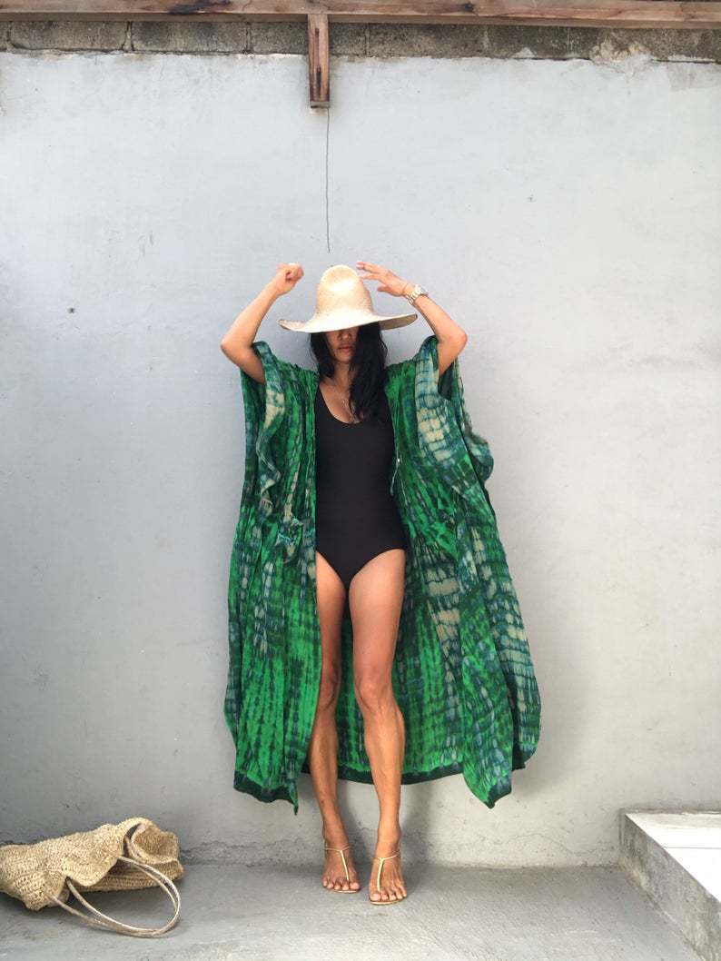 Rayon Water Print Bikini Cover up Loose Dress Sexy Cardigan Beach Sun Protection Shirt European American Style Women's Clothing Swimwear_ecoleips.com