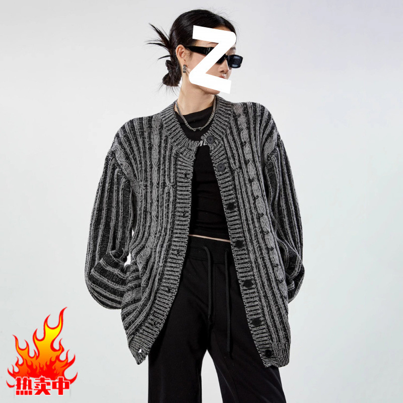 American Retro Twisted Rope Old Design Cardigan Sweater for Men and Women Couples High Street Imitation Denim Sweater Jacket Winter