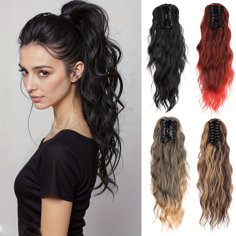 Cross-Border European and American Fashion Wigs Ponytail 16inch Black Long Wavy Synthetic Fiber Wig