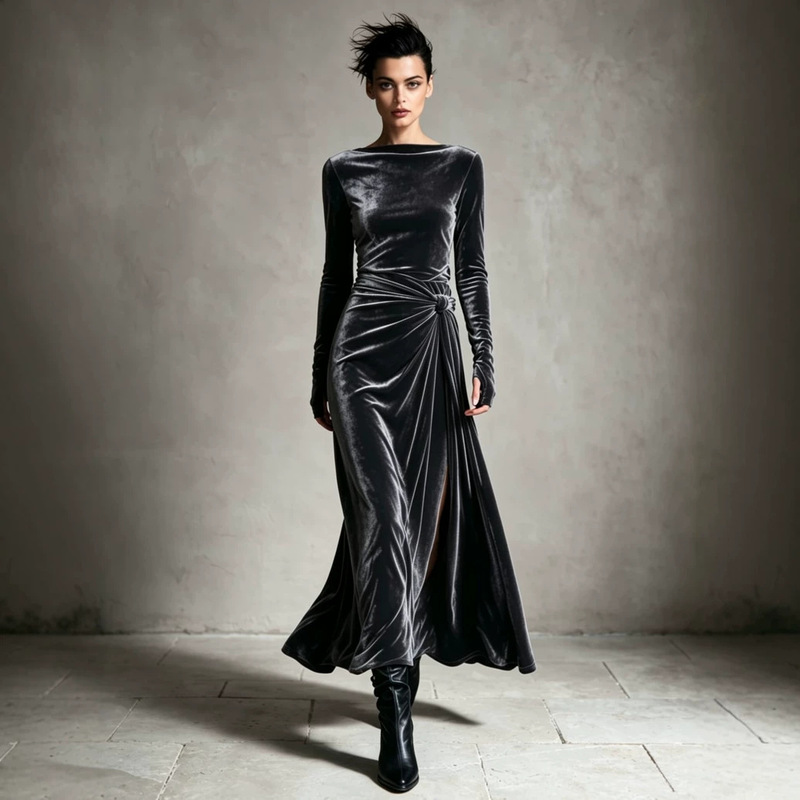 2026 European and American cross-border autumn and winter new velvet dress for women, boat neck, long sleeves, twisted knot, slit long evening dress