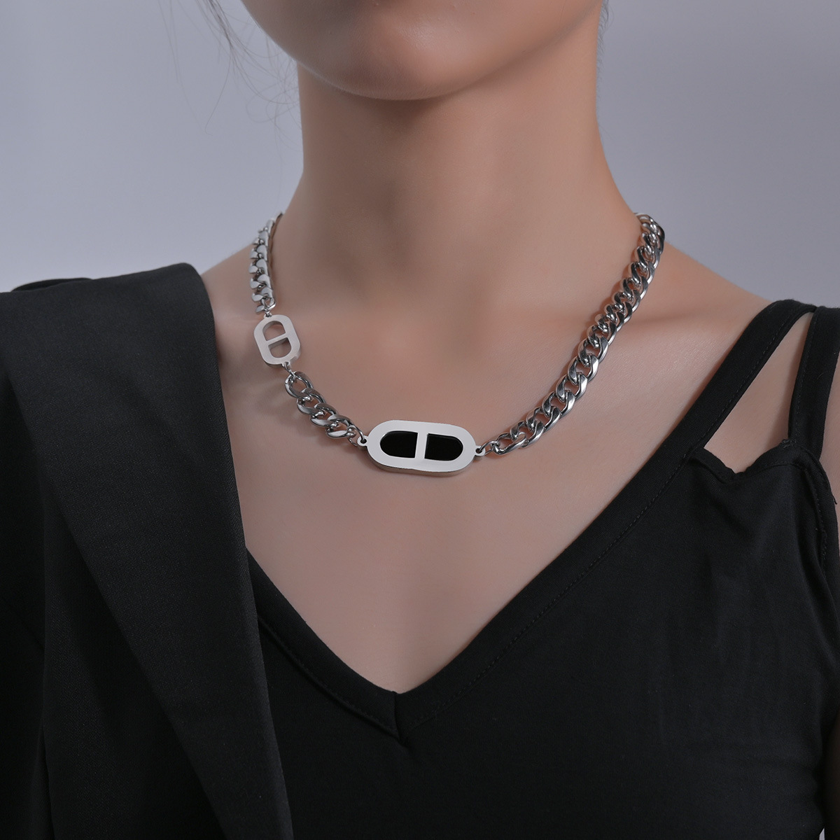 Pánský a dámský hip hop náhrdelník módní pánský a dámský krátký choker titanová ocel jednoduchý řetízek s klíční kostí_voghion.com
