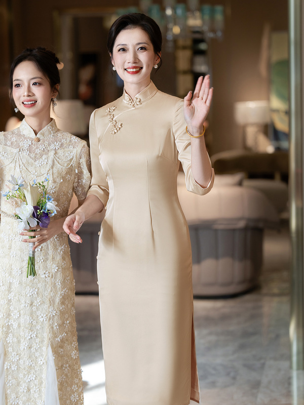 新款香槟色喜婆婆旗袍春秋长款复古裙子新中式国风婚宴妈妈礼服|undefined