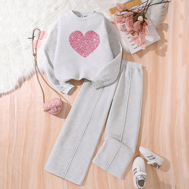 Girls' Heart Shaped Long Sleeved Sweatshirt And Casual Trousers Two Piece Set Medium And Large Sizes For Autumn Winter New Style_voghion.com