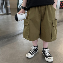 新款2024夏季男童短裤水洗棉布立体口袋工装裤欧美街头时髦帅童裤