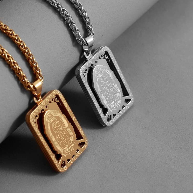European and American Hot-Selling Stainless Steel Retro Square Virgin Mary Prayer Necklace Men's and Women's Medal Tag Cross-Border Direct Supply