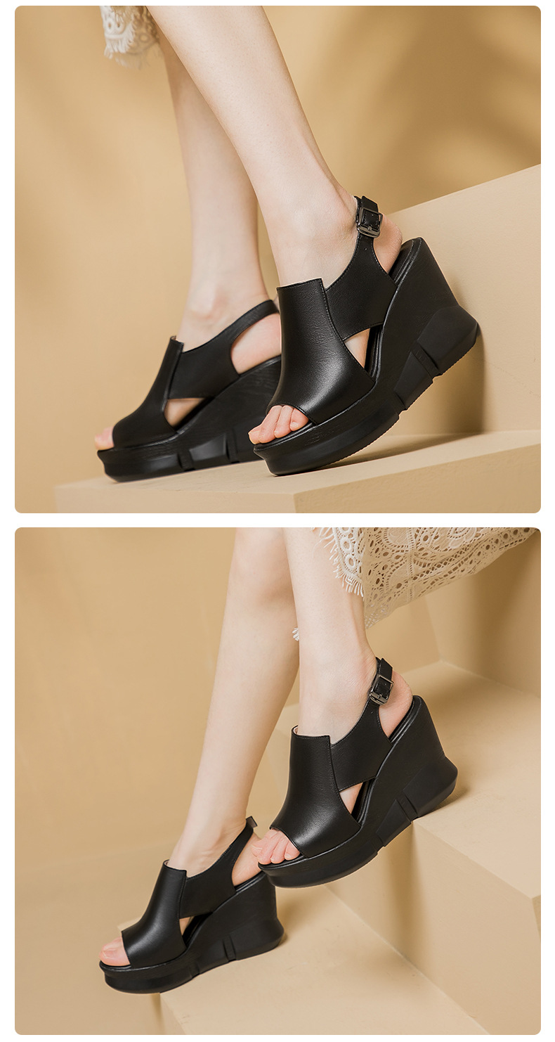 Sandal nữ đế xuồng miệng cá da bò, quai ngang đơn giản, gót cao 8 cm — Màu đen chi tiết 6