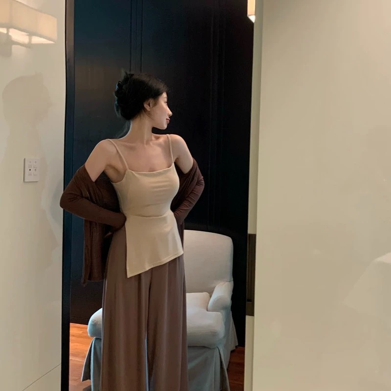 Japanese Style Retro Hong Kong Style Pure Cotton One-piece Irregular Slant Slit Camisole Comfortable Solid Color Inner Top for Women