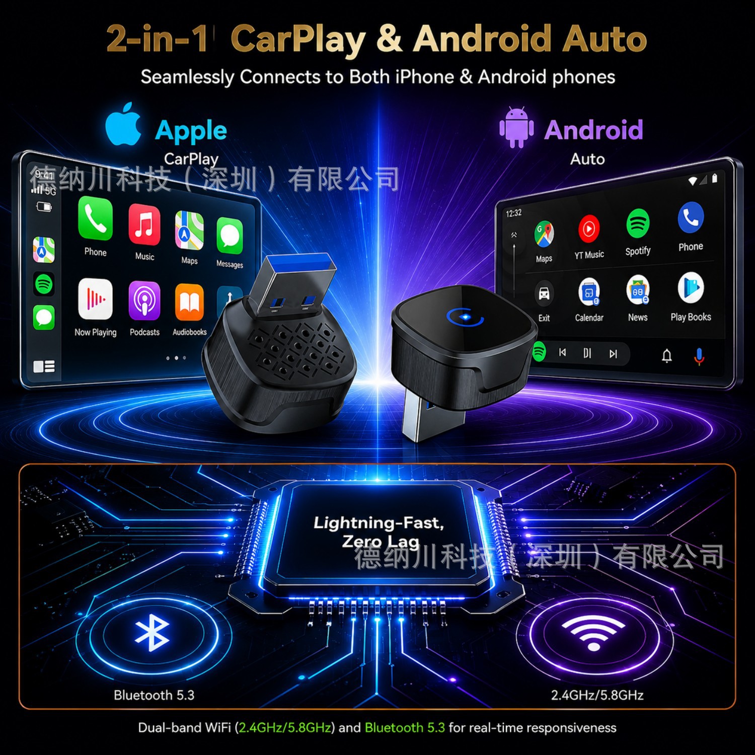 Cross-border wireless CarPlay box 2-in-1 wired to wireless Apple CarPlay Android Auto