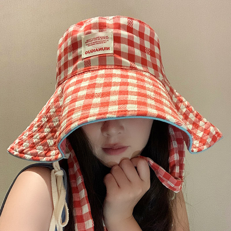 Sombrero de pescador con bordes anchos a cuadrillas coreanas, sombrero de verano, sombrero de bisel grande, sombrero de sombrero solar pequeño, sombrero de copa