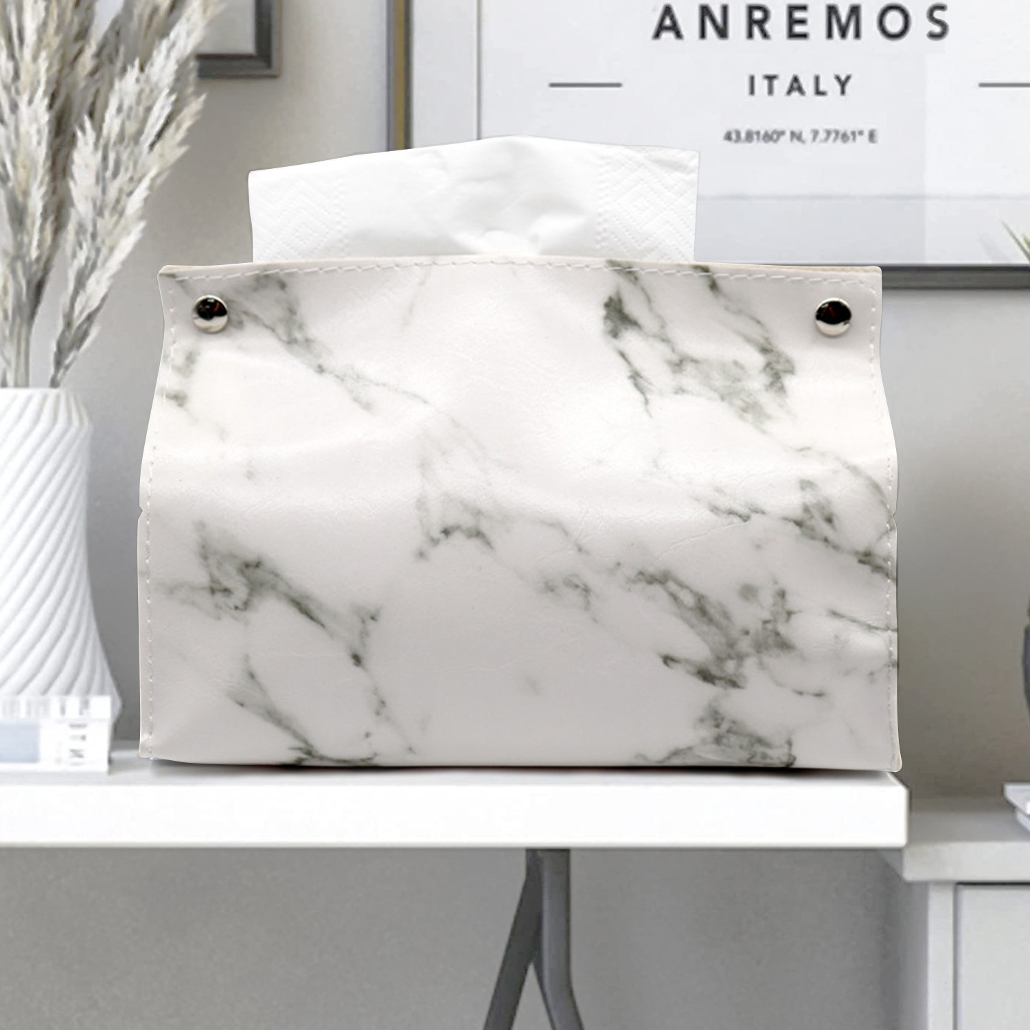 Caja de pañuelos de cuero de mármol de lujo ligero sala de estar hogar Baño servilleta caja de pañuelos coche PU caja de pañuelos