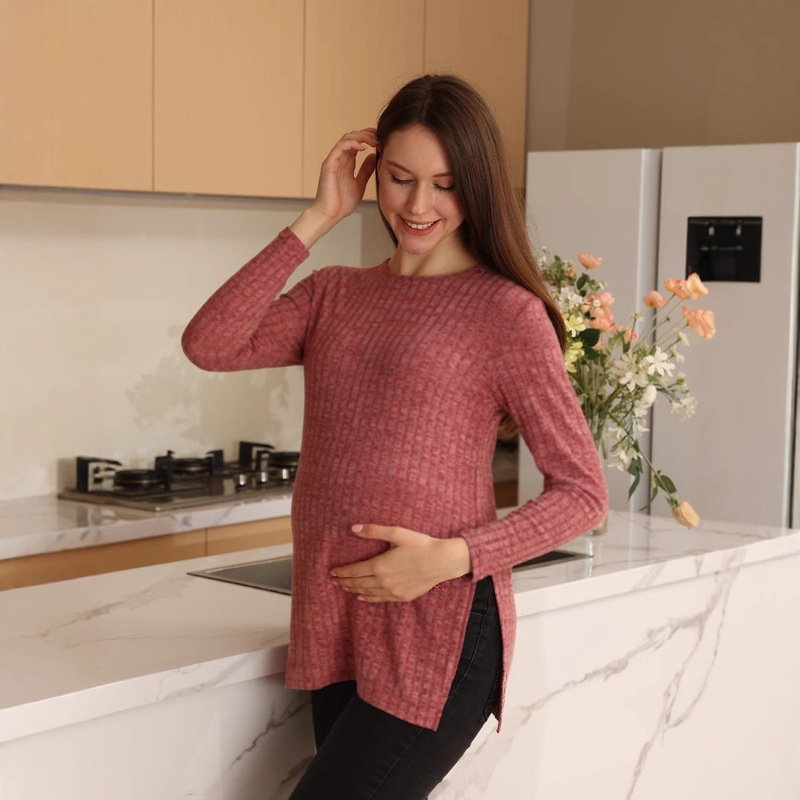Cross-border supply factory direct in stock new fluff autumn and winter solid color crew neck long sleeve slit pregnant women bottoming shirt