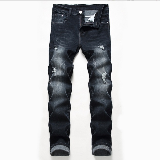 Men's Distressed Black Stretch Jeans Plus Size Light Color Trendy Mid Waist Wide Leg Trousers Machine Washable Cotton_voghion.com