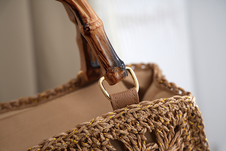 Strohtasche Mit Bambusgriff Und Blumen-applikation Für Damen_voghion.com