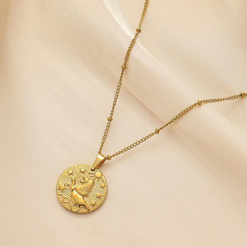 Stainless Steel Gold-Plated Round 12 Zodiac Sign Coin Embossed Necklace: Lightweight, Niche Design, Minimalist, and Versatile Clavicle Chain