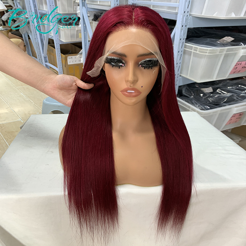 13*4 Lace Hoofddeksel Menselijk Haar Kleur Diep 99J Menselijk Haar kant frontale pruiken_voghion.com