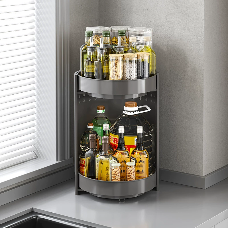 Kitchen spice rack can rotate double-layer countertop corner storage rack to store multi-functional tray spice rack storage box