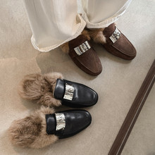 牛皮包头穆勒拖鞋女保暖兔毛拖鞋秋冬新款圆头银扣半包拖鞋女鞋40