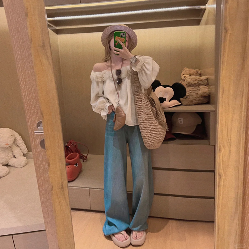 浅蓝高腰牛仔裤女秋季2025宽松直筒复古百搭显瘦垂感阔腿加长裤子|undefined