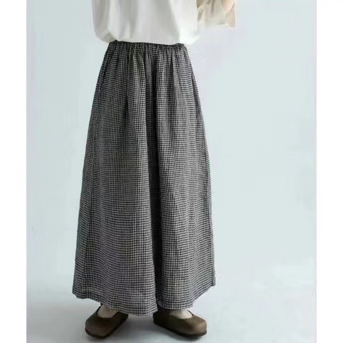 2022 summer Ether literature leisure time Simplicity lattice Large Casual pants Versatile Culotte Flax Wide leg pants