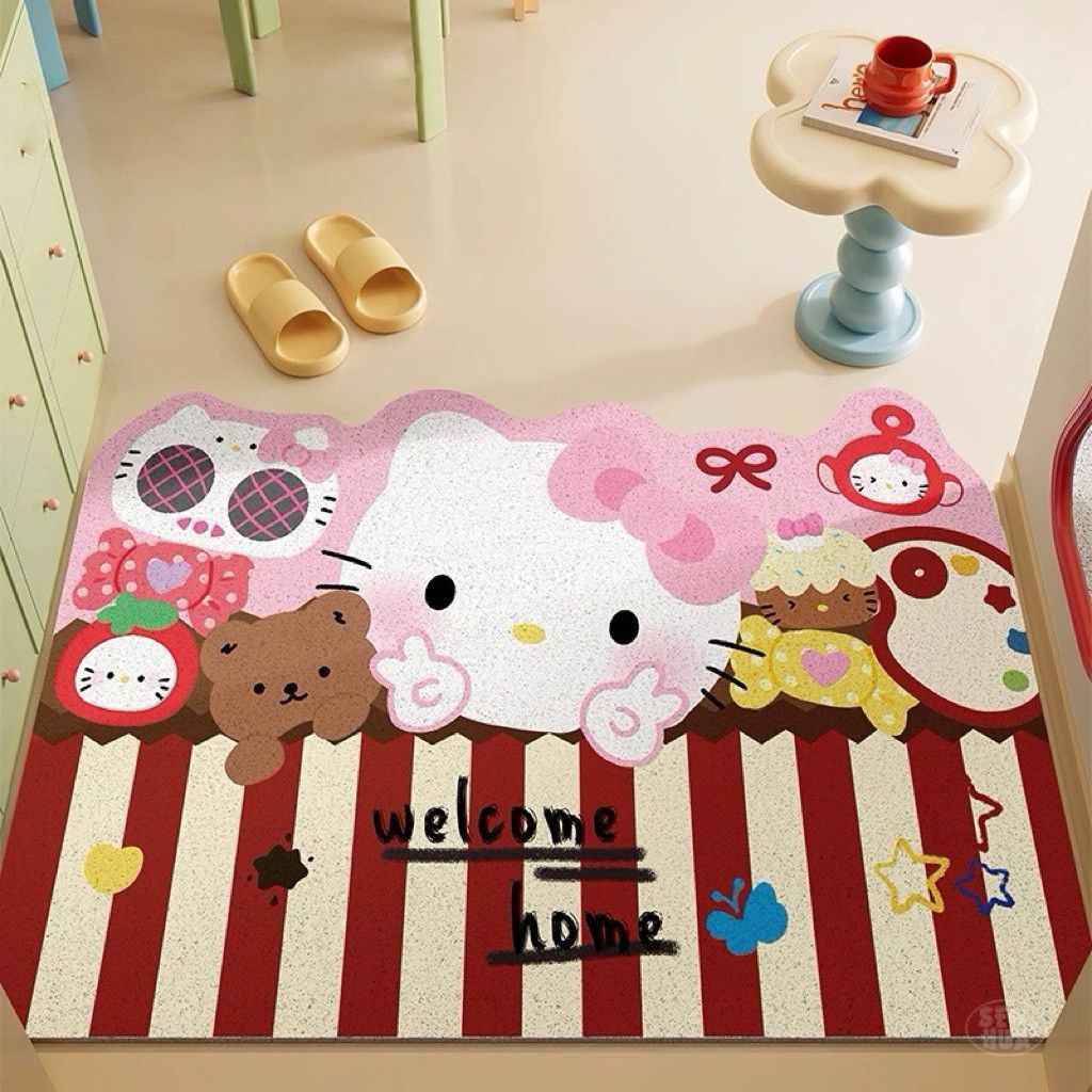 Cartoon Hello Kitty Floor Mat, Entrance Door Mat, Wear-Resistant, Dust-Removing, Non-Slip Foot Mat, Household Cuttable Wire Loop Floor Mat