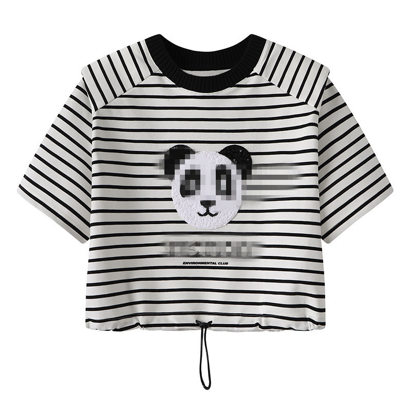 现货2023年夏季新品熊猫条纹拼接短袖T恤女RN31001215