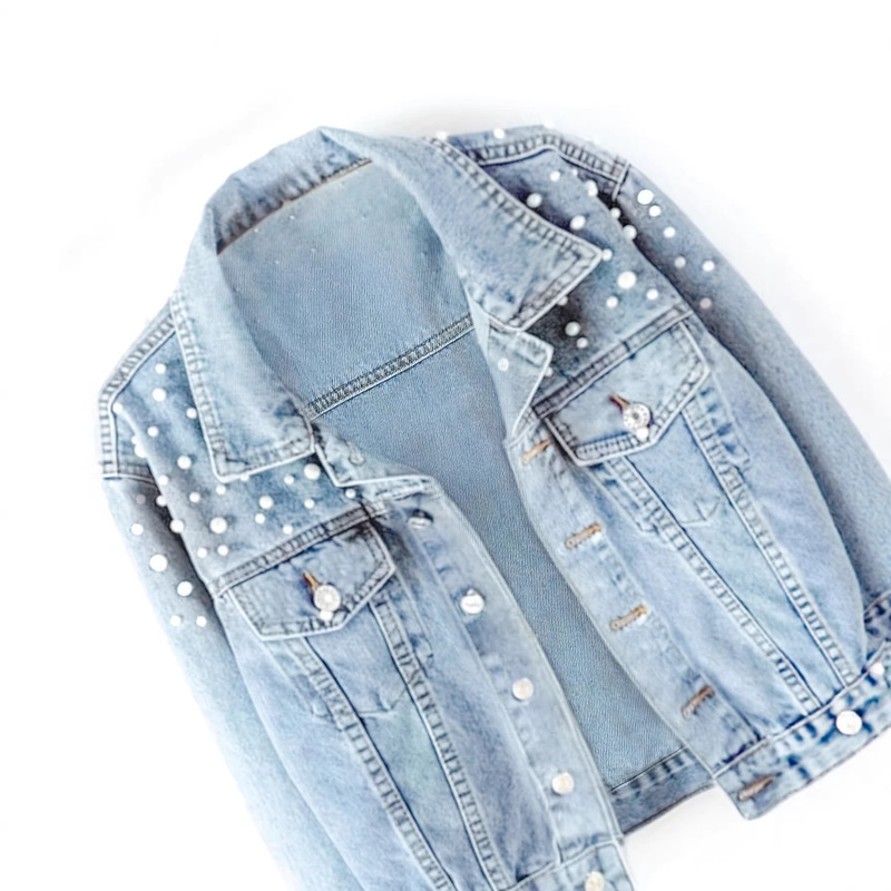 Pearl-Studded Denim Jacket for Women, Light Blue Washed Vintage Loose Jacket, Factory Direct Wholesale Y2K