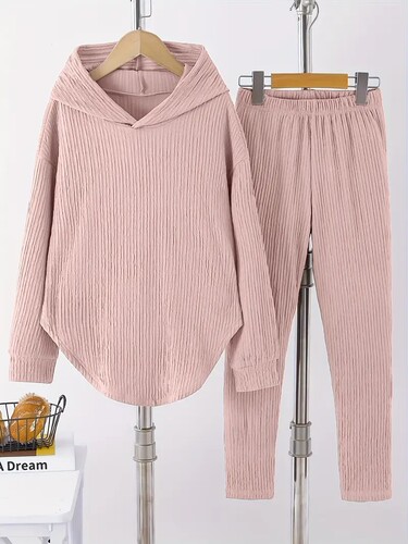 European and American Autumn/Winter Fashionable Casual Suit for Women: Solid-Color Homewear—Long-Sleeved Hoodie with Hat and Long Pants, Two-Piece Set