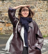 23年秋冬新款韩国设计师小众系列复古风西装领气质痞帅外套女皮衣