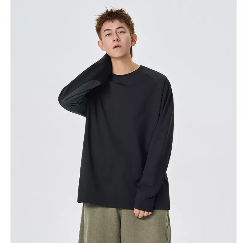 情侣款秋季纯色拼接常规款长袖户外功能T恤百搭打底男女款速干