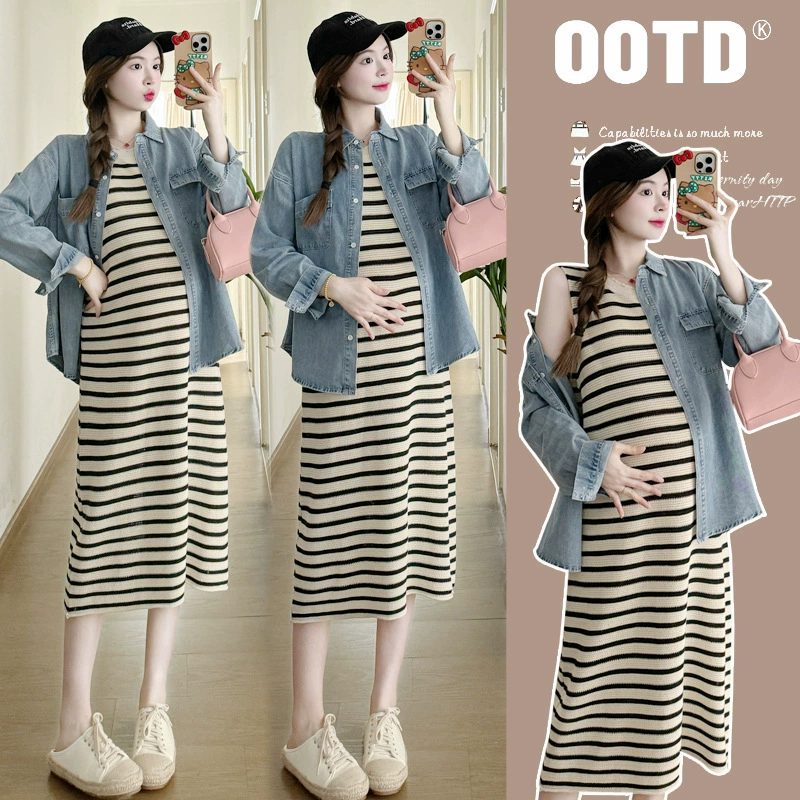 Платье для беременных весна и осень горячие мамы джинсовая куртка юбка спины осеннее платье маленькая полосатая юбка костюм женский