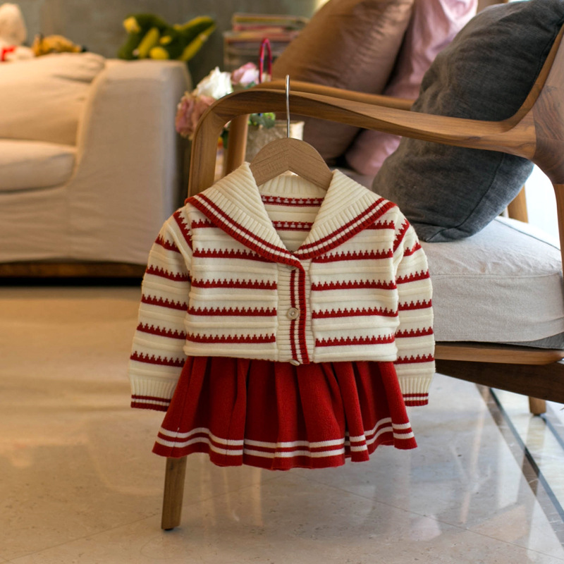 Demi-season sophisticated set, cardigan, Korean style, children's clothing, V-neckline