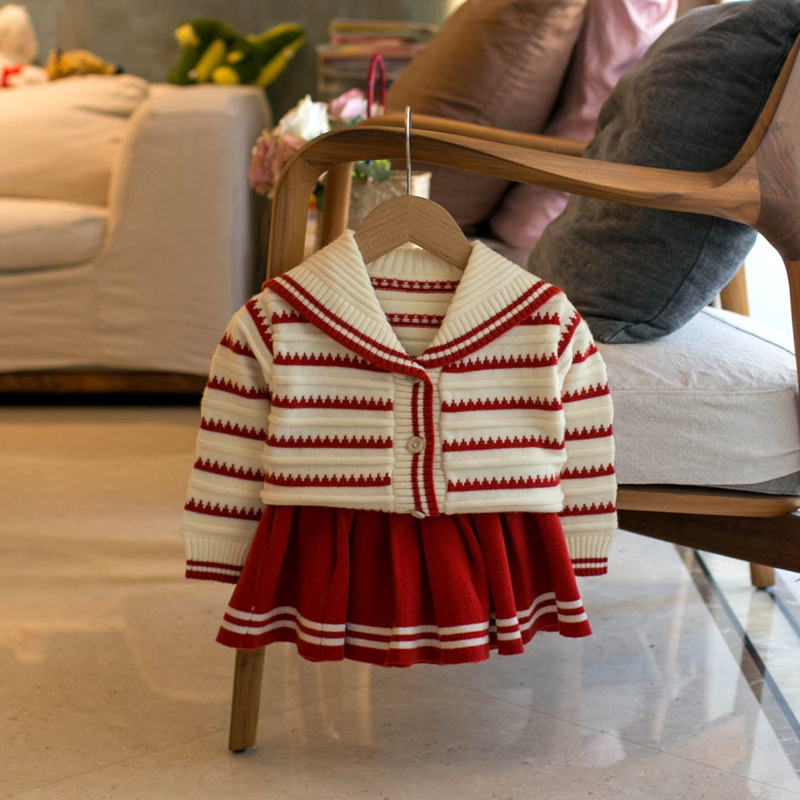 Dropshipping Korean Style Children's Clothing Autumn and Winter Girls' Exquisite Striped V-Neck Suit Cardigan T242