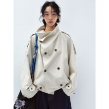 【识时黑标】新品纯棉漏斗领短款双排扣长袖花苞风衣外套女V60055