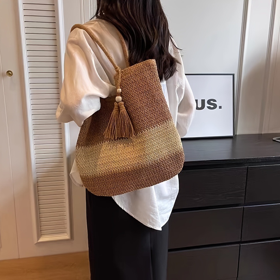 Women's Classic Straw Summer Beach Shoulder Bag Woven Grass Weave Tote Bag Crossbody Strap Hand-woven Bag