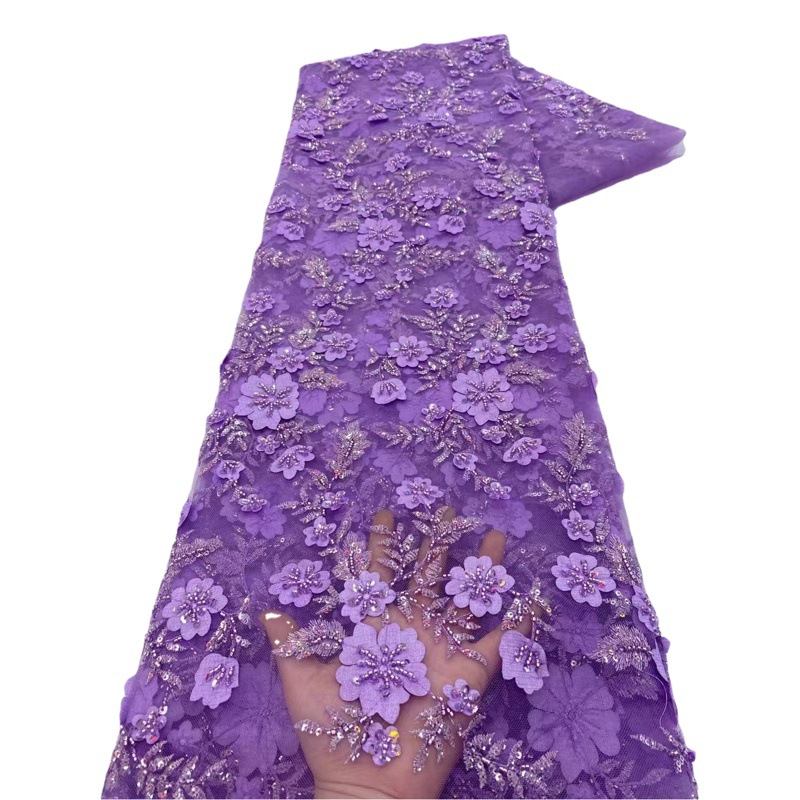 Bordado de lentejuelas y cuentas en tela de malla con flores 3D, bordado de cuentas hecho a mano, tela resistente para vestidos de novia y encaje.