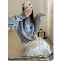 木四 含羊毛软糯套头毛衣女秋冬软妹宽松慵懒风花朵针织上衣6577