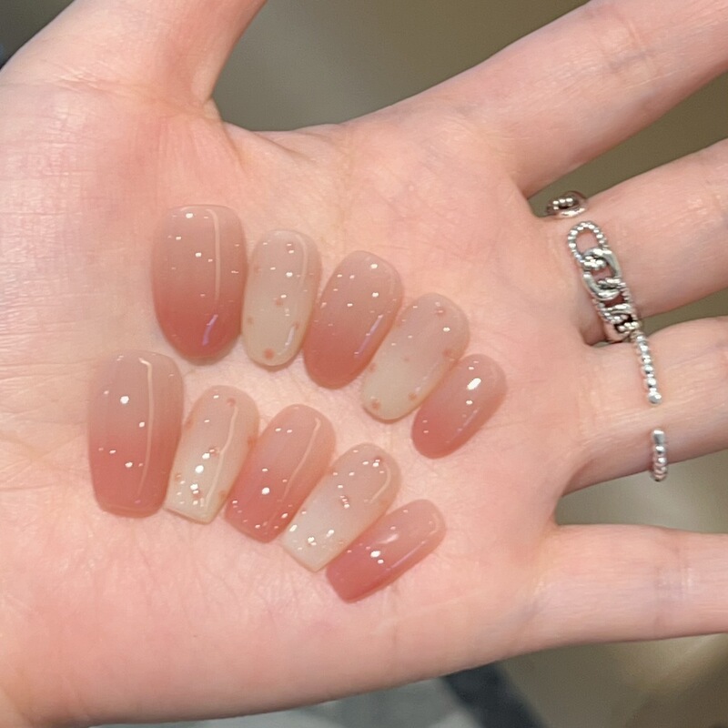 [Milk Bubble] Gradient Nude Raspberry Color Polka Dot Handmade Wearable Nail J282 Style with Box Tool Kit