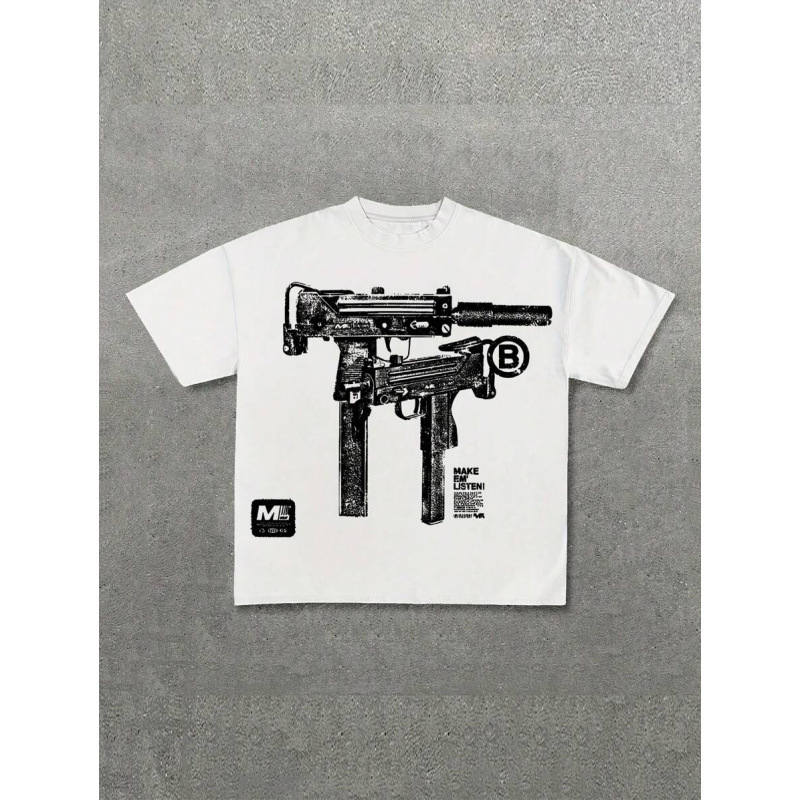 Cross-Border Youth Amazon Best-Selling Mac-10 Firearm Printed Short-Sleeved T-Shirt European and American Military Style Hardcore