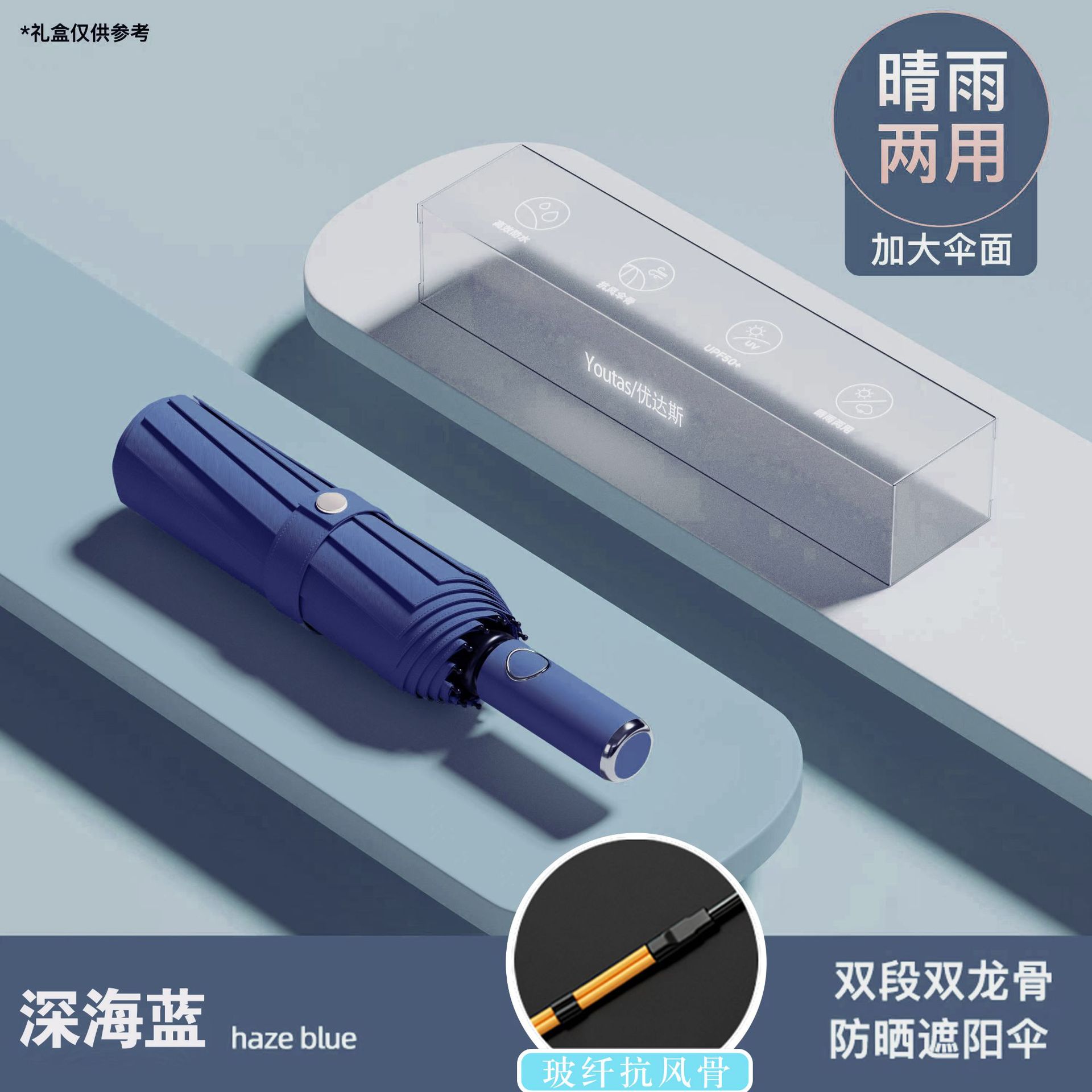 [24-Bone Double Dragon Bone] Reinforced Wind-Resistant Sunny Umbrella-Navy Blue