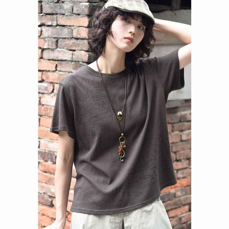 【Three and Two Collection】Line Art Illustration Summer New Artistic Casual Round Neck Bamboo Cotton Short Sleeve T-Shirt 89737 # 【Three and Two Collection】Line Art Illustration Summer New Artistic Casual Round Neck Bamboo Cotton Short Sleeve T-Shirt 89737 #
