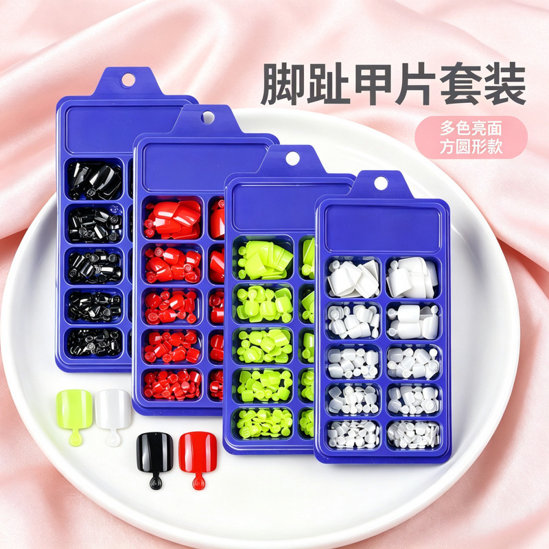120 pieces/box with handle, black, red, fluorescent green, white, short square-shaped fake toenails, blue toenails for wear 120 pieces/box with handle, black, red, fluorescent green, white, short square-shaped fake toenails, blue toenails for wear