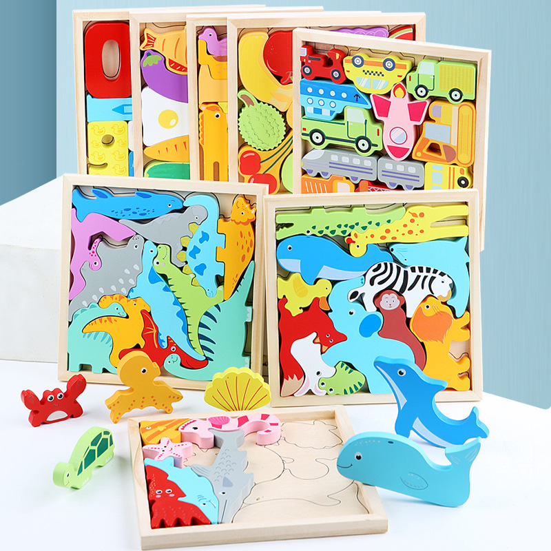 Caricatura animal tridimensional puzzle puzzle puzzle madera infantil educación temprana mano agarrar tablero de frutas y verduras juguetes de tráfico
