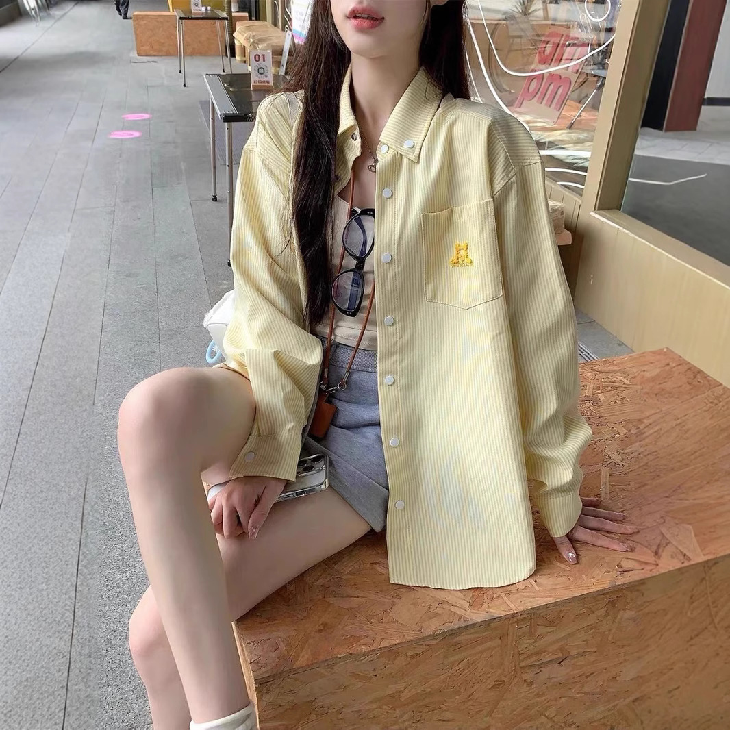 Amy Duo American Style Vintage Striped Puppy Embroidered Spring and Summer Sweet Style Coat Loose College Style Sunscreen Shirt for Women