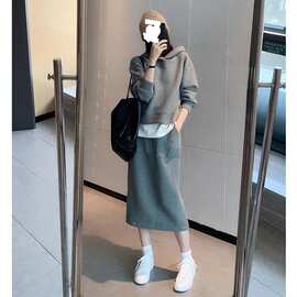宽松大码女装早秋休闲时尚两件套连帽卫衣半身裙套装胖200斤300
