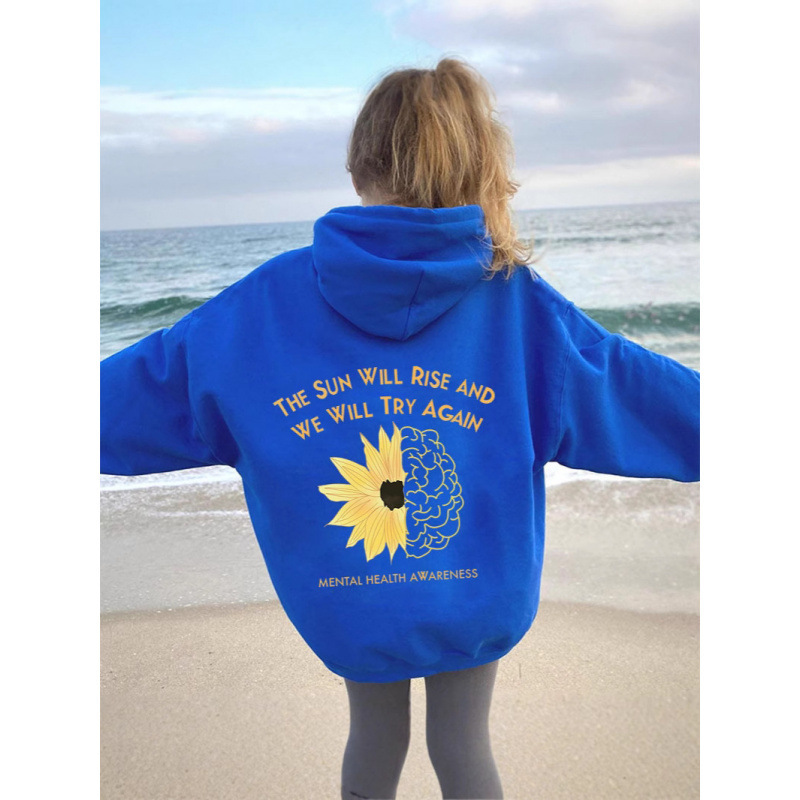 2025跨境欧美新款春秋连帽衫落肩袖情侣卫衣休闲连帽衫太阳花卫衣