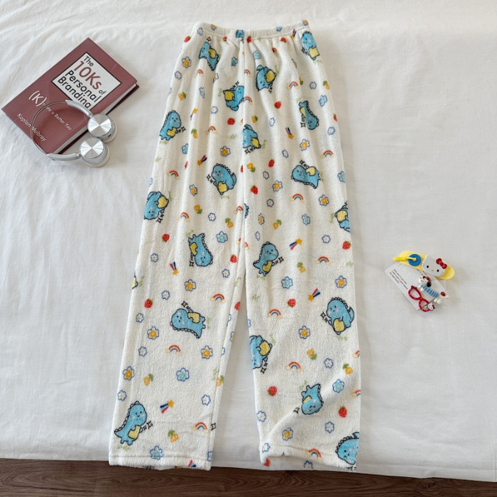 Invierno nuevo pantalones cálidos de franela estilo de caricatura coreano para mujeres más grueso y terciopelo cálido para el hogar pijamas de lana se pueden usar fuera